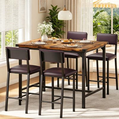 5-Piece Kitchen Table and Chairs Set | Counter Height Bar Table with 4 Upholstered Stools | Small Dining Table Set for 4 with Footrest and Corner Protector | Bistro Table Set for Apartment