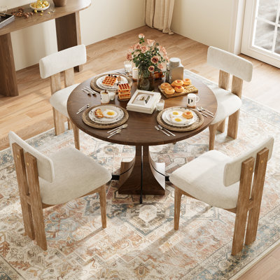 Mid Century Modern Dining Chairs, Wooden Dining Chairs Set Of 4, Upholstered Dining Room Chairs With Rubberwood Legs & Padded Seats-Beige