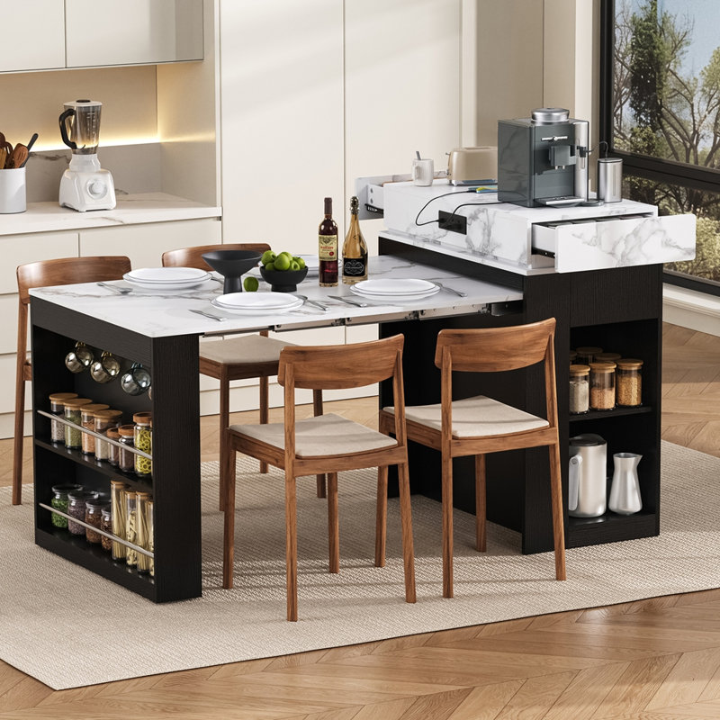 Table de salle à manger extensible avec plateau de table pliable, table de bar avec tiroirs et prise de courant, Noir