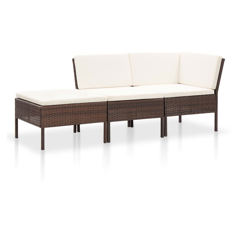Canapé modulaire d'extérieur 3 pièces, rotin poly brun, tissu ivoire