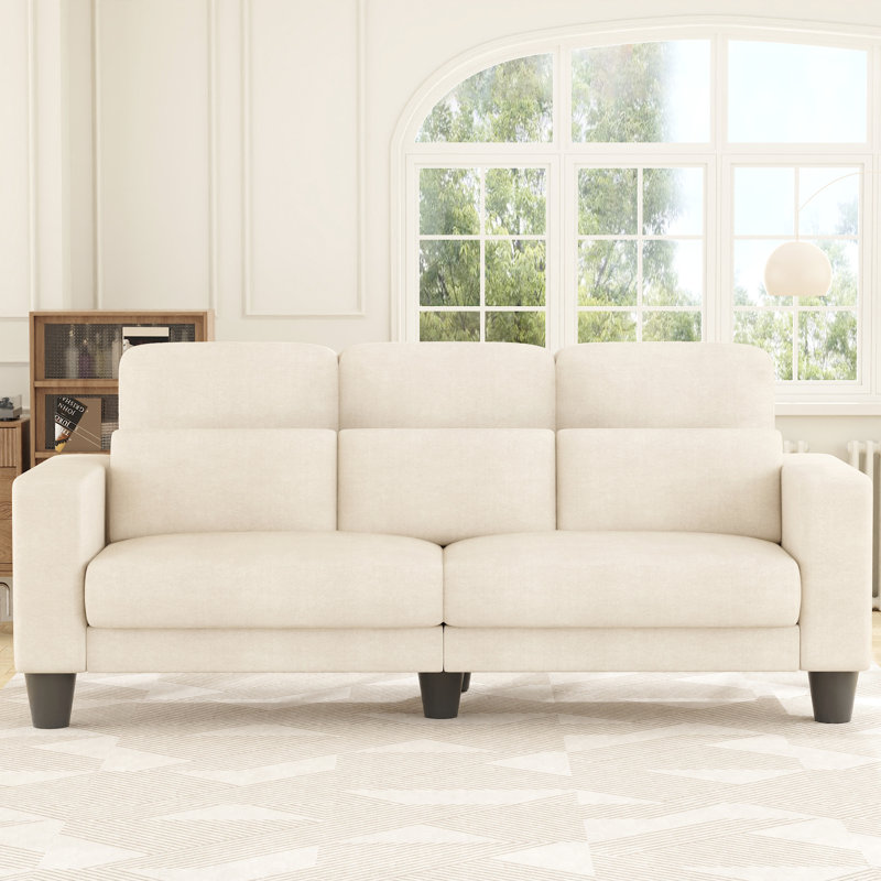 Modern 220CM 3-Seater Chenille Sofa With Wooden Frame and Square Armrests, Beige