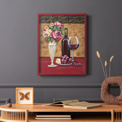 «Vintage Flowers & Wine I», reproduction encadrée - bois massif