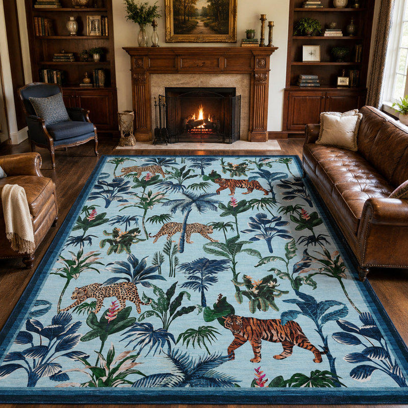 Tapis tigre Jungle avec envers antidérapant, Bleu, 9 x 12 pi