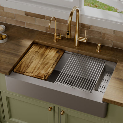 Karran 34" Apron Front Single Bowl Quartz Kitchen Sink Kit in Grey