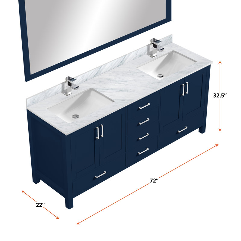 Jacques 72 in. W x 22 in. D Double Bath Vanity and Top, Navy Blue, White Carrara Marble
