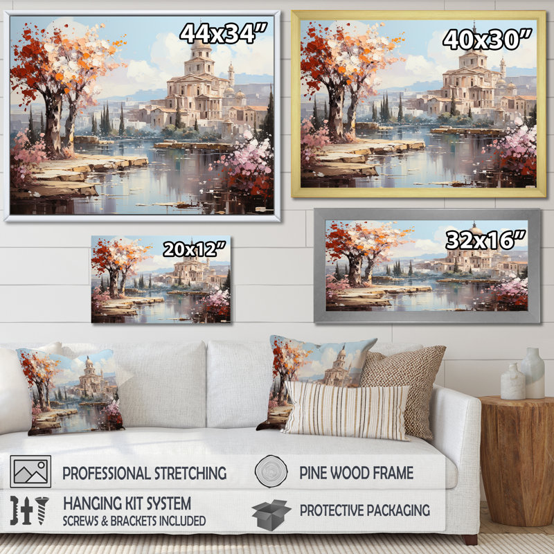«Springtime Roman Empire Landscape 3», art mural Italie, Cadre de coin argenté fermé, H 16 po x l 32 po x P 1 po