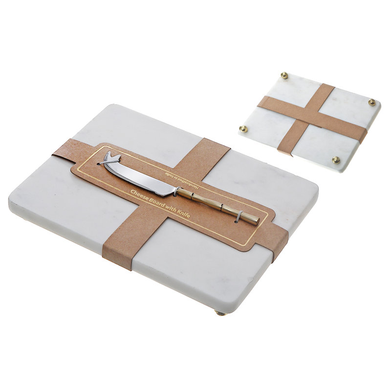 White Marble Rectangular Cheese Board with Brown Finish