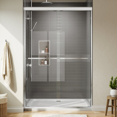 44-48" W x 72" H Double Sliding Glass Shower Door, 1/4''(6mm) Tempered Glass with Explosion-Proof ,2 Towel Bars for Walk-in Bathroom