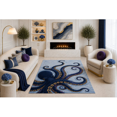 Tapis de pieuvre bleu marine ultra léger 5 pi x 7 pi, art de bord de mer fantaisiste, bord de mer, décoration de maison de plage, envers en silicone antidérapant