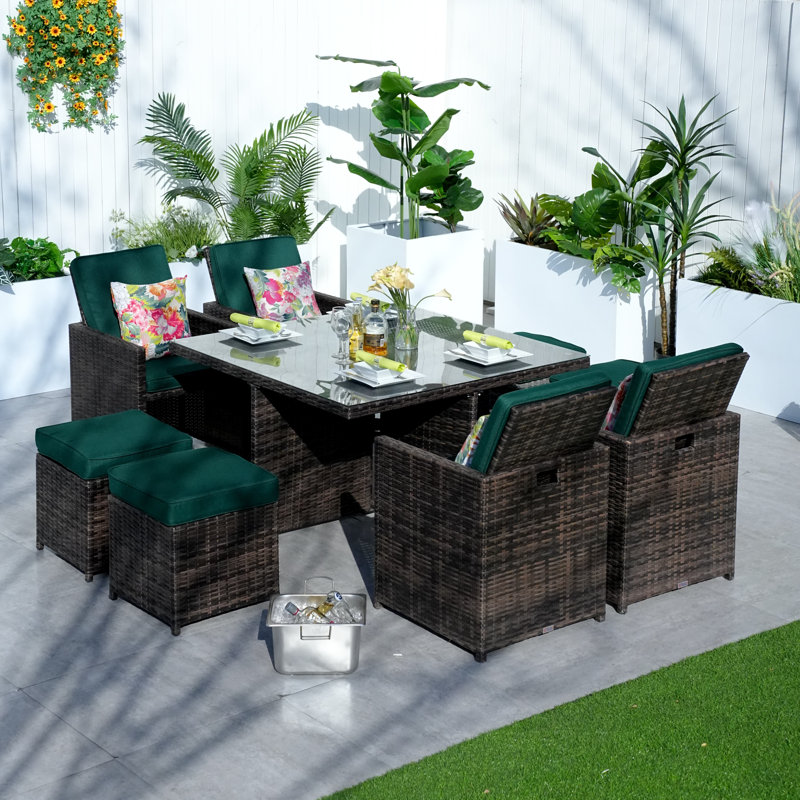 8 - Person Wicker Patio Dining Set with Square Table , Cushions Included, Atrovirens, Brown