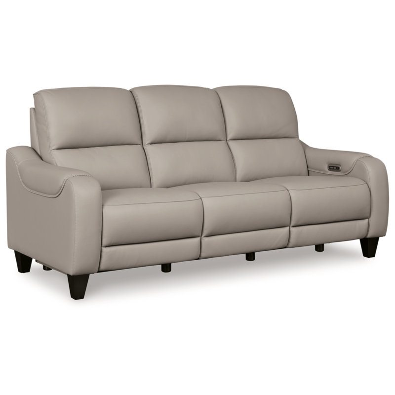 Gray Leather Power Reclining Sofa with Adjustable Headrest