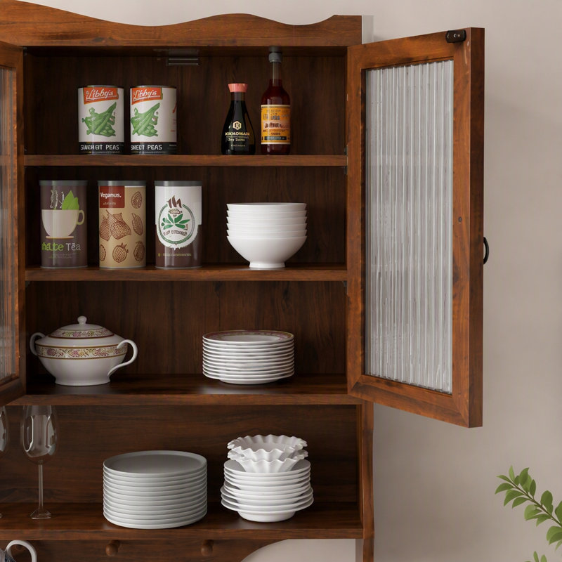 Armoire murale 39,37 "à 4 portes rétro, avec deux niveaux de rangement et un support à crochets ouverts, convient aux salles de bain, cuisines, salles à manger, brun