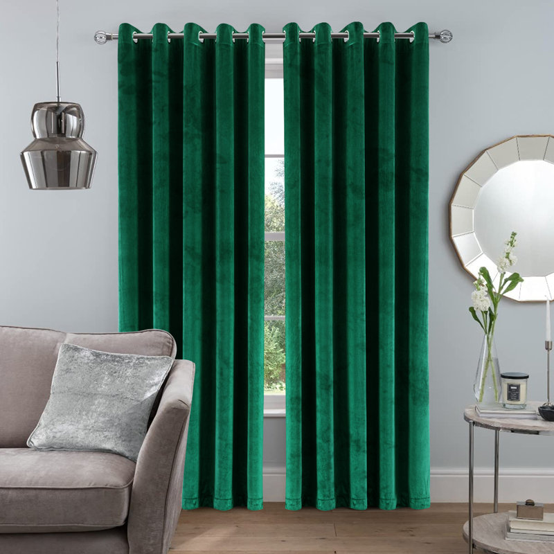 Safia 100% Crushed Velvet Eyelet Sheer Window Curtains, 167 W x 183 D cm, Green Emerald