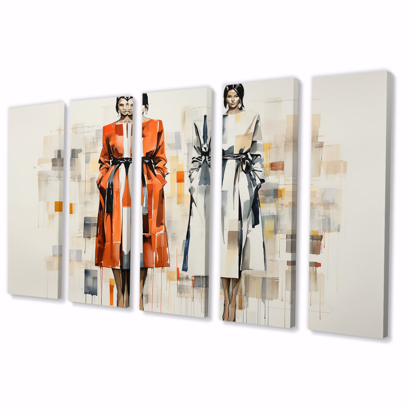 Orange chic, filles élégantes - mode, art mural 5 pièces, H 28 po x l 60 po