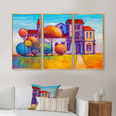 «Colorful House In The Fairy Tale Village», peinture sur toile 3 pièces