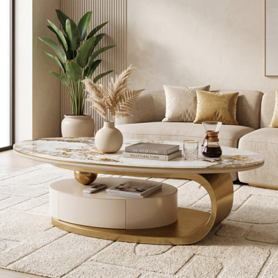 51.2" Modern Oval Coffee Table With Storage Drawer, Sintered Stone Top, Gold Stainless Steel Base Center Table, Fully Assembled