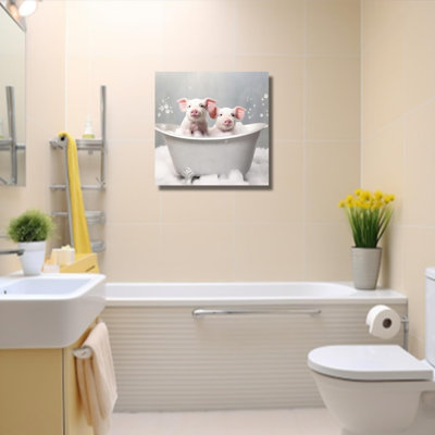 Pig In Bathtub With Bubbles Unframed Canvas Wall Art 16" X 16"