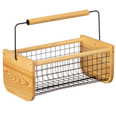  Vintage Harvest Basket Pine Wood & Metal Mesh Wire Design Wooden Frame With Straight Handle For Fruits Vegetables Kitchen Organization Decorative Storage Home Décor & Garden Display