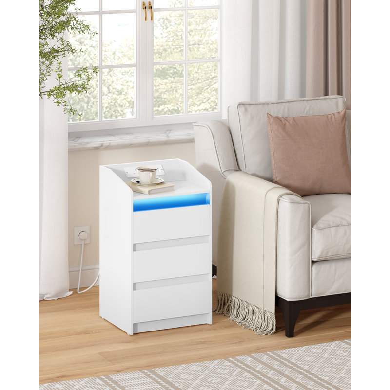 Bedside Table with 3 Drawers, Bedside Cabinet, Side Table with Charging Station and LED, 2 AC and 2 USB Ports, Nightstand for Bedroom, Living Room, End tables 