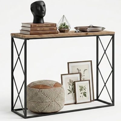 Industrial Wood Console Table 40" Slim Sofa Table With 0.8" Thick Textured Top
