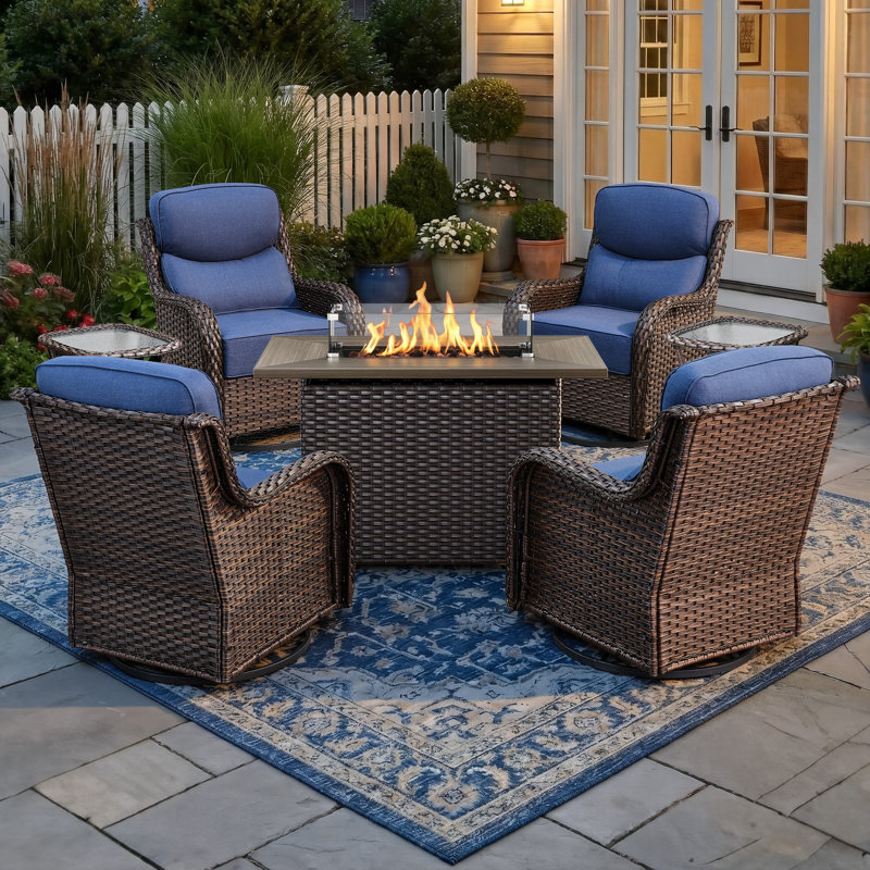 4 - Person Patio Furniture Chair Set With Fire Pit Table, 4 Swivel Glider Chairs With 6-Inch Cushions & Side Table, Blue