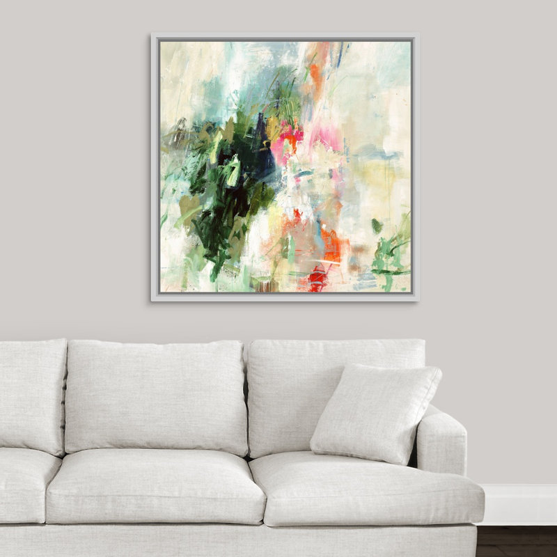 « jealous hearts », peinture sur toile, H 37,7 po x l 37,7 po x P 1,75 po, Cadre flottant blanc