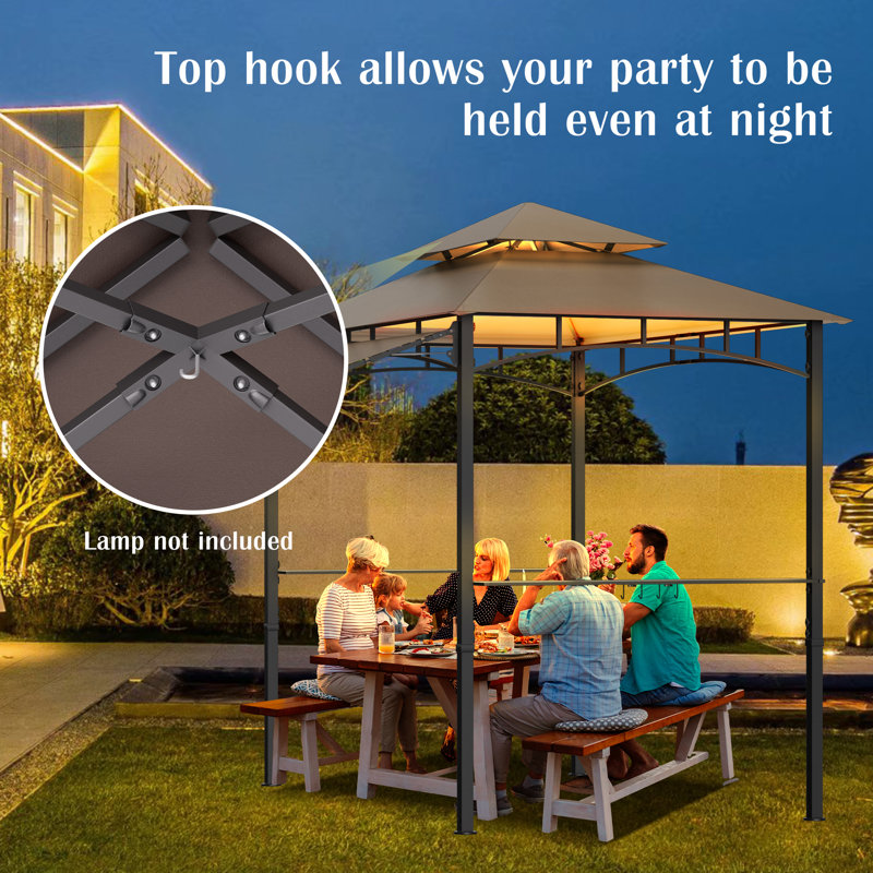 8'X 8' Grill Gazebo with Extra Side Awning, Double Tiered BBQ Gazebos Heavy-Duty Steel Frame Awning with 2 Side Shelves 6 Hooks