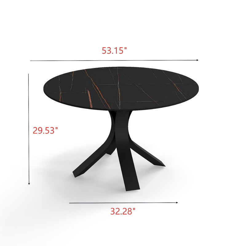 Modern Round Sintered Stone Dining Table, 29.53"H x 53.15"L x 53.15"W, Black, Black