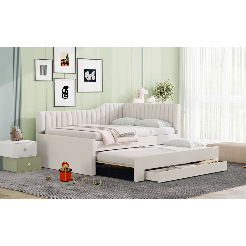 Lit de jour rembourré avec lit gigogne et 3 tiroirs, Beige, Complet/Double