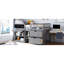 Lit mezzanine simple gris bas avec bureau, étagère à tiroirs dans un bureau mobile, tablette et tiroirs-980336413