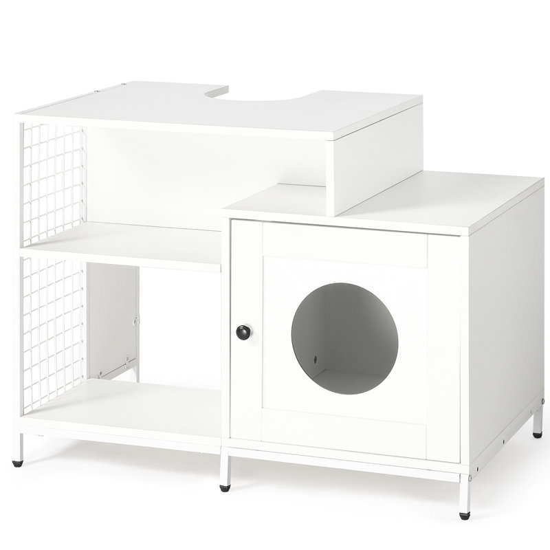 Armoire cachée pour salle de bain pour animal de compagnie, bac à litière pour chat blanc, grande salle de bain sous-lavabo pour chat, panneau de particules P2 avec espace de rangement,
