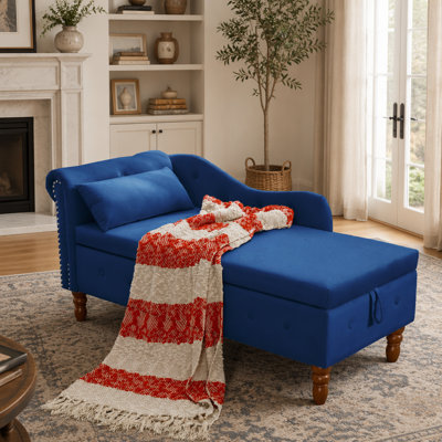 Chaise longue en velours bleu marine avec rangement et coussin, accoudoirs roulés modernes rembourrés pour le salon et la chambre à coucher