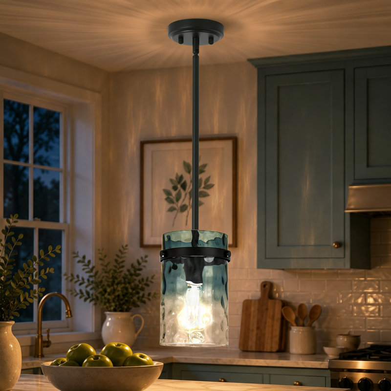 Levona 1-Light Kitchen Island Pendant, Hand-Blown Gradient Blue Water Glass, Height Adjustable, Gradient Blue, Matte Black