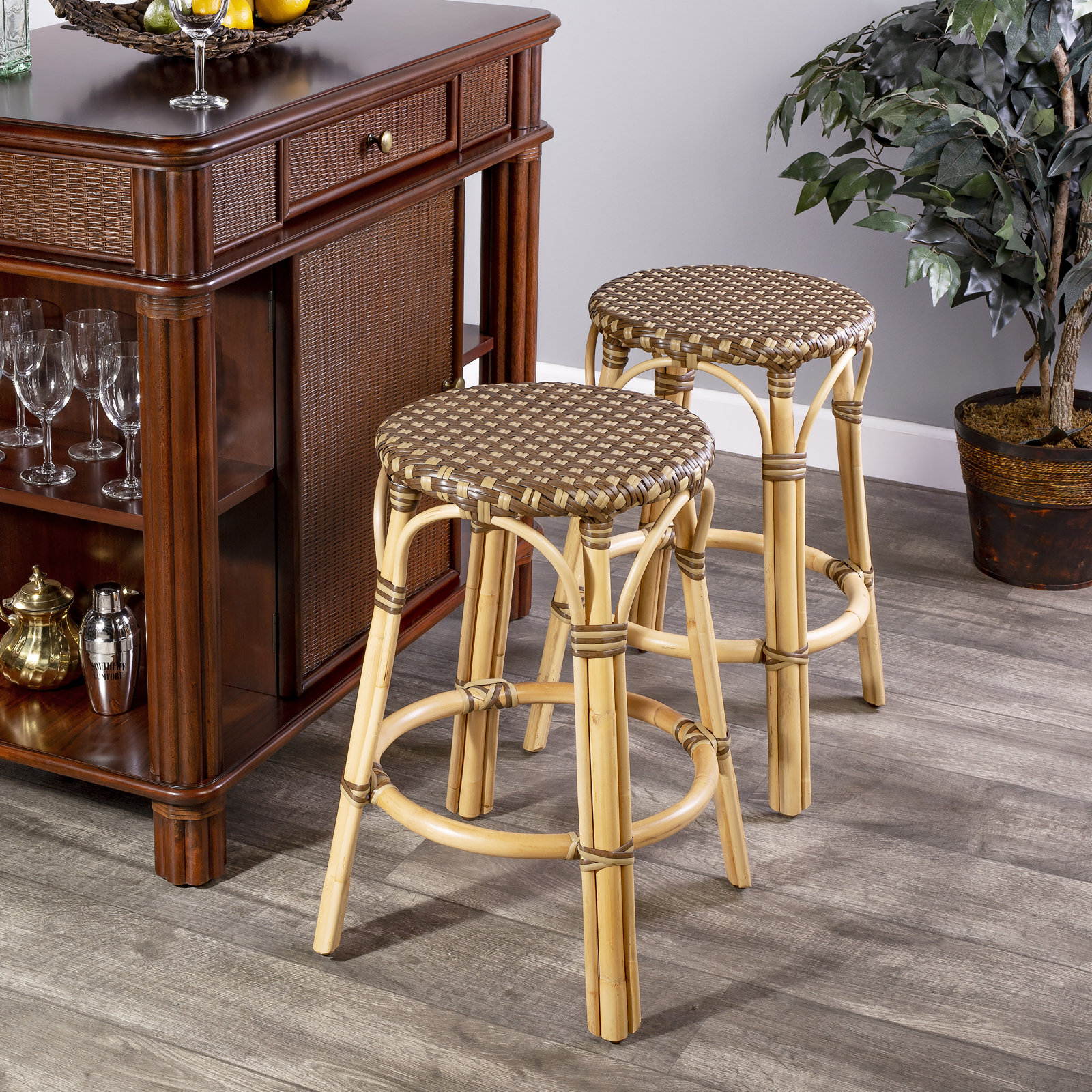 Alastair Bar & Counter Stool, Counter Stool (24" Seat Height), Brown/Tan Dot/Natural Rattan Frame