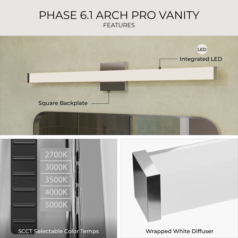 Phase 6.1 Collection 24" 5CCT Integrated LED Polished Chrome Linear Vanity Light, Polished Chrome, 24"