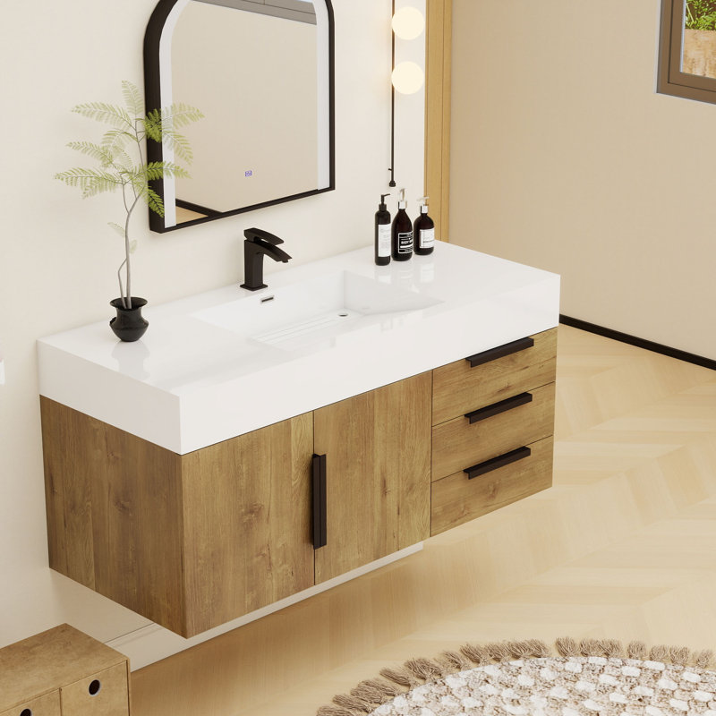 Meuble-lavabo mural simple 48 po Jessica, Teck chêne