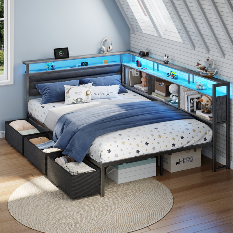Corner Bed Frame with 3 Drawers and Storage Bookcase, Daybed with Charging Station and LED Lights,  Full/Double, Gray