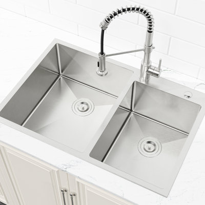 Modern 33"X19" Double Bowl Sink - Stainless Steel, Overmount, Easy Finish Steel With Advanced Sound Absorbing Technology