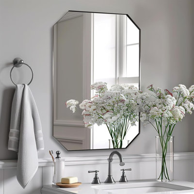 Contemporary Cut Corner Octagonal Scalloped Bathroom Vanity Mirror | Stainless Steel Frame