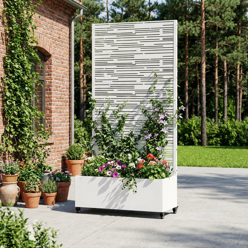 Boîte à fleurs en métal avec treillis et roues Treytin , H 72 po x l 35 po x P 16 po, Blanc, 1