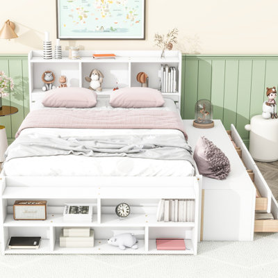 Full Bed With Bookcase Headboard & Storage - White Underbed End Size Featuring Headboard, Under Drawers Case