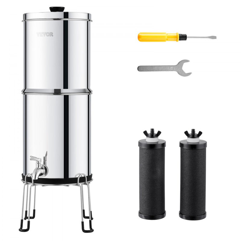 2.25G Gravity-fed Water Filter Countertop System Stainless Steel 2 Filters, Silver/Matte Black