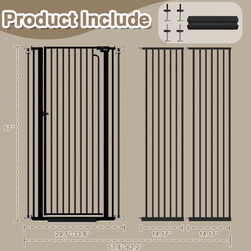 Barrière extra haute pour animaux 57 po avec fermeture automatique | Barrière pour animaux pour escaliers, ouvertures larges | Réglable 57 po - 62 po - noir