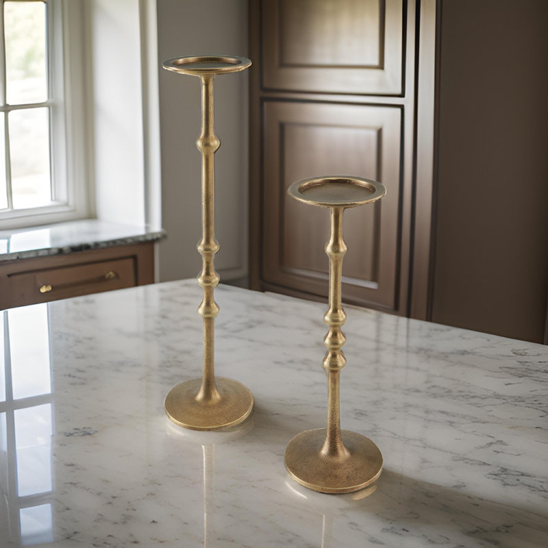 Lara Candle Holder Set Of 2, Cast Aluminium, Antiqued Brass Toned Finish