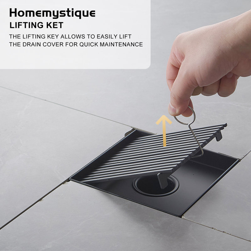 6 In. Square Stainless Steel Shower Drain With Slot Pattern Drain Cover In Matte Black, Matte Black