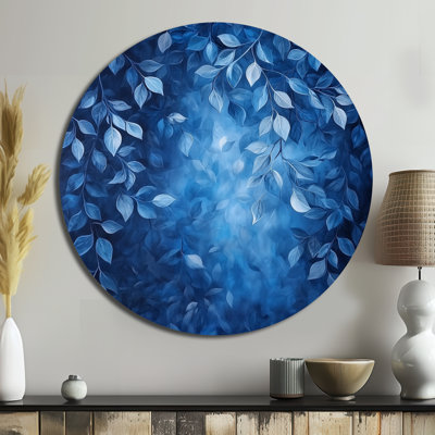 Moonlit Forest Leaves II - Leaves Round Metal Wall Decor, Traditional Blue Metal Art Print