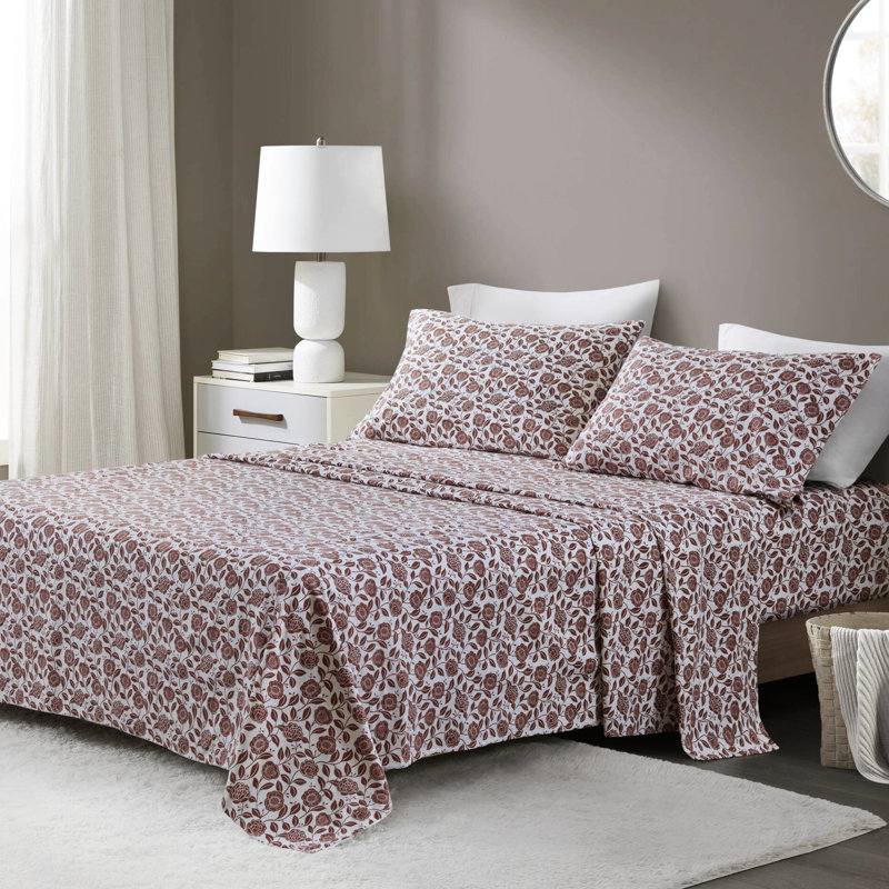 4 pièces grand drap rouille motif floral 100% flanelle de coton Dimensions surdimensionnées pour matelas de 18 po ajustés doux et élastiques pré-rétréci avec plat 2 taies d'oreiller Laver à la machine