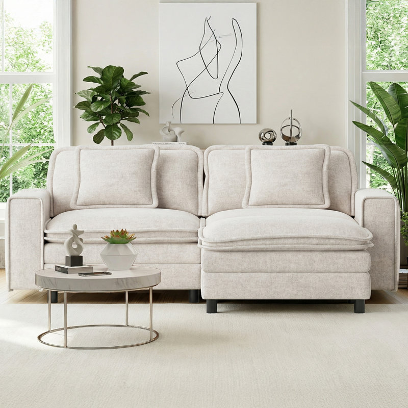75" Wide Comfy Cloud Loveseat Sofa With Ottoman - L-Shape 2-Seater Couch Sofa For Small Living Spaces, Cream