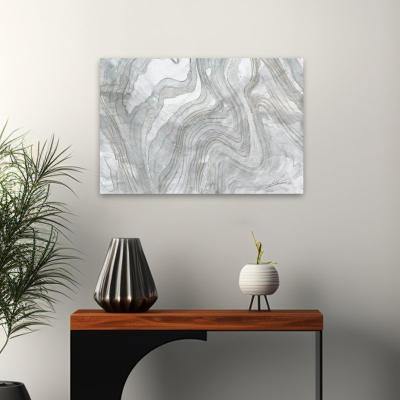 Eau brillante argentée contemporaine gris abstrait gris chaud gris métallique, H 24 po x l 16 po