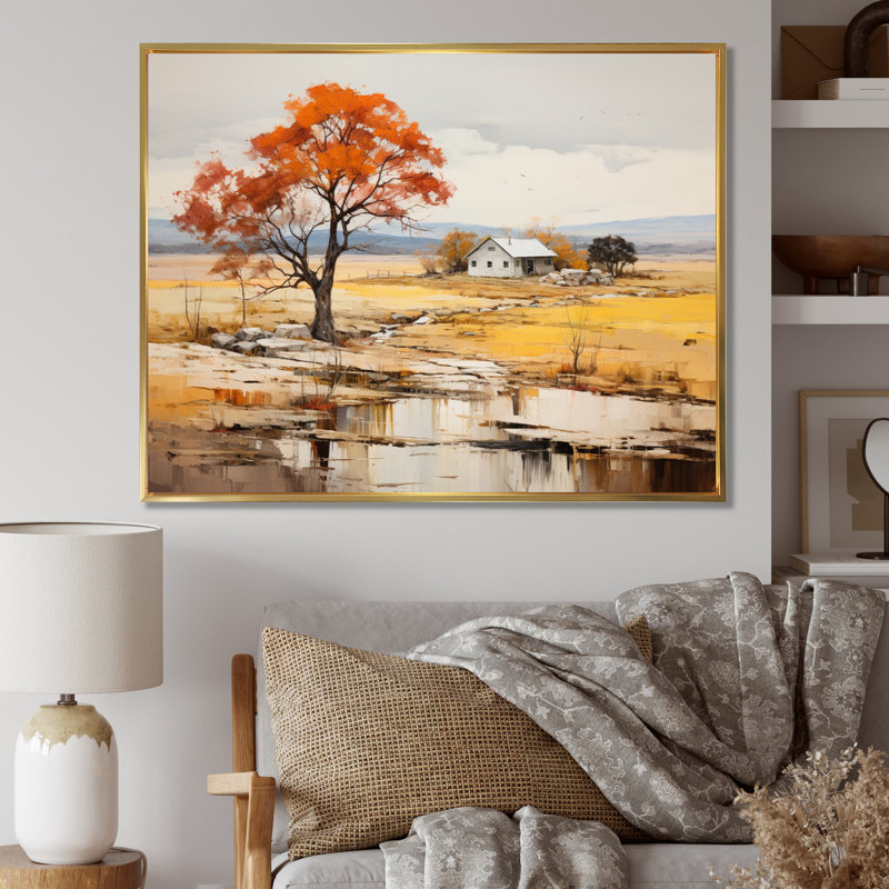 «Farm Autumn Hues Landscape I», reproduction, Cadre flottant doré, H 24 po x l 32 po x P 1 po